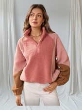 Veste Polaire sherpa rose & camel – Ultra douce, coupe loose demi-zip femme