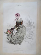 GAVARNI (1804-1866) BELLE LITHO XIX° FEMME ROBE CAMPAGNE COIFFE COSTUME MODE
