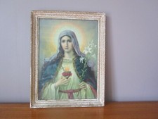 ANCIENNE CHROMO/ LITHO RELIGIEUSE MARIE COEUR FLEURS DE LYS  CADRE EN BOIS