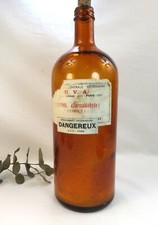 Grand Flacon de pharmacie ancien en verre ambré "Formol Usage Vétérinaire"