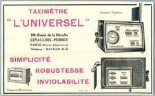 TAXIMETRE UNIVERSEL COMPTEUR KILOMETRIQUE TAXI LEVALLOIS PERRET PUBLICITE 1920