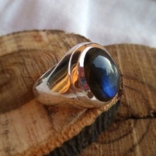 Bague chevalière pour homme en argent massif 925 pierre précieuse bleue...