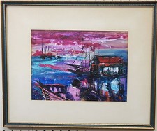 Signed RUTEK painting on Paper of Harbor 16"x18"
