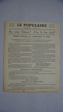 WW2 Résistance  Presse clandestine LE POPULAIRE Zone nord. Juin 1944. Aux armes.