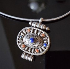 Collier Ethnique Tibet Pendentif Boite Reliquaire Argent 925 Corail Sodalite