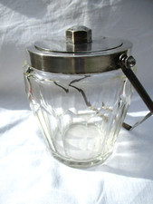 SEAU BISCUIT POT COUVERT VERRE PANS COUPES ART DECO 1930 METAL ARGENTE