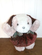 Vintage Peluche chien beige tout rond avec poches  30 cm noeud papillon écossais