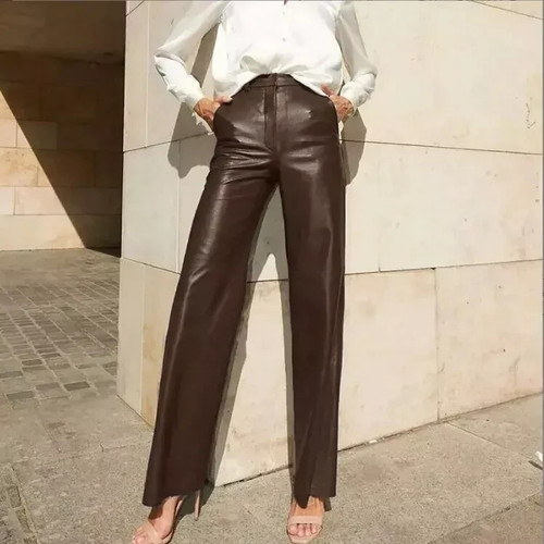 Pantalon cuir marron - pantalon, en