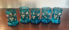 Lot de 6 verres émaillés forme chope à liqueur fleurs,fond bleu