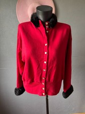Cardigan rouge femme L-XL col fausse fourrure noire – red faux fur collar vintag