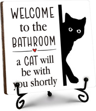 Black Cat Bathroom Decor, Welcome to the Bathroom Wooden Sign, Humorous Black