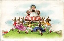 Ancienes Ak , Osterkarte, Jeune Fille dans Un Cercle De Lapins de Pâques