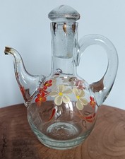 Ancienne jolie petite carafe Huilier / vinaigrier verre soufflé décor floral A08