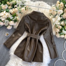 Veste En Cuir PU Pour Femme Mi-Longue De Moto Avec Ceinture À Manches Longues