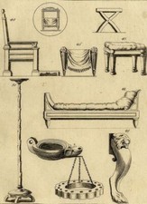 Décoration Antiquité Chaise Fauteuil Lit Ancien Gravure originale XVIIIème