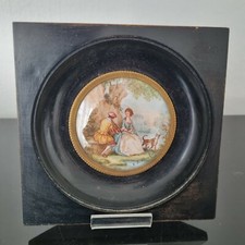 MINIATURE Peinte Signée Encadrée Décor Romantique Chien French Hand Painted 