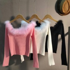 Femme Tricoté T Shirt Fausse Fourrure Épaule Tombante Slim Ajusté Tricot Sexy