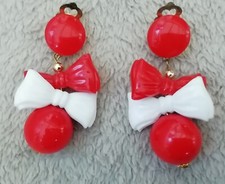 BOUCLES D'OREILLE A CLIPS VINTAGE PLASTIQUE Noeud Blanc Rouge ANNEES 80