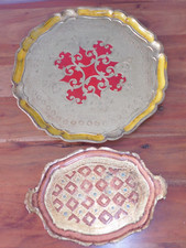 vintage LOT 2 PLATEAU de service BOIS dorée ROND et OVALE decoration OR table