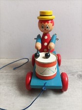 Ancien Jouet jeu en Bois a tirer clown jouant du tambour - testé OK - vilac ?