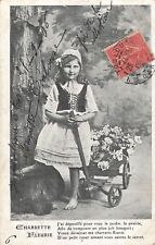 CP NOIR BLANC CHARRETTE FLEURIE - PETITE FILLE PIEDS NUS