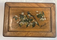 NECESSAIRE DE BUREAU ENCRIER PLUMIER COFFRET BOIS OLIVIER 1900 DECOR OISEAUX