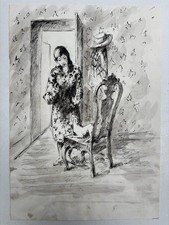 Pierre MONTERET (1897-1984) - Dessin à l'Encre de Chine Jeune Femme et son chien