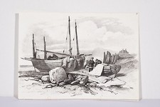 Marins sur la Plage réparant des Voiles Marine Ancienne Vieux Gréement Litho XIX