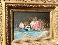 Tableau ancien signé. 1897. Jetée de fleurs. Peinture huile sur panneau de bois 