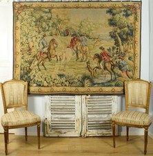 Fabuleuse suspension murale vintage française Robert quatre laine tissée "tapisserie", chasse