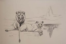 Georges Lucien GUYOT : Couple de Lions, Gravure originale signée
