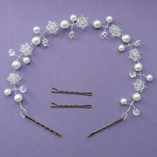 Courronne diadème branche fleurs mariage coiffure perles blanches transparente