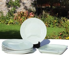 Ancien service à asperges / 6 assiettes + plat faïence de Sarreguemines céladon