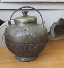 ASIE THEIERE ETAIN NOIX DE COCO SCULPTÉE CHINE CHINESE  TEAPOT 1900