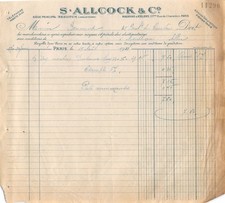FACTURE  1921 S ALLCOCK A PARIS - M. BONNAUD A MONTLUCON