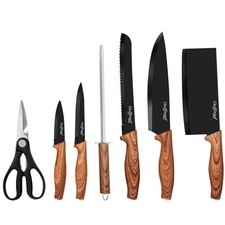 Cheffinger Set de Couteaux 7 Pièces Manches Aspect Bois avec Support Noir
