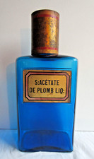 Pot à pharmacie XIXème, verre bleu + plaque verre dorée: S:ACETATE DE PLOMB LIQ.