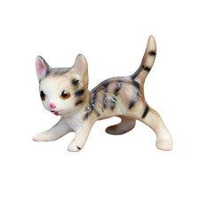 Figurine Ancienne Chat Miniature, Sujet Porcelaine 25x30 mm, Bibelot Japon 1960