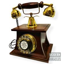 Ancien téléphone en bois victorien nautique laiton gravure rotative à l'ancienne