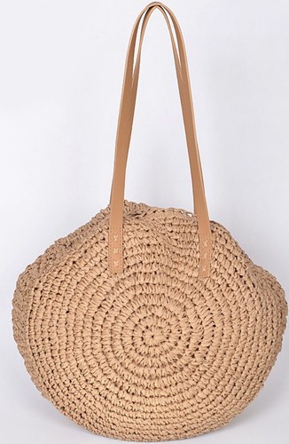 Round beach straw bag tote - straw,