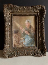 CL Chrétien, fileuse et son chat, aquarelle, peinture miniature / XIXème rouet