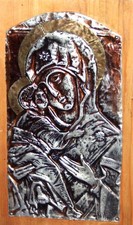 Ancienne plaque religieuse en relief en étain/bois faite main Vierge Marie...