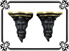 Pair of French Antique Wall Console Statue Brackets Shelf Black & Gold Man Face