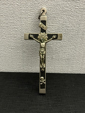Ancien Crucifix Croix Pendentif en Métal Blanc et Bois Ebène