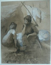 DESSIN -AQUARELLE DEBUT XXème - ANDREE JOUBERT - LAVANDIERES A NICE - 31 X 24 cm