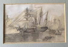 Petit lavis fusain craie XIXe