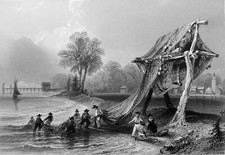 CANADA- WELLINGTON: RELEVAGE d'un FILET de PÊCHE sur le LAC ONTARIO -Gravure 19e