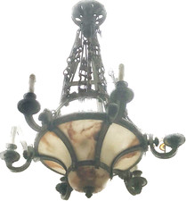 lustre ogive en bronze ciselé et plaque albâtre six bras  lumière . XIX siècle .