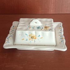 Beurrier En Céramique Peint À La Main, Fleurs Jaunes Et Bleues, Couleur Beige