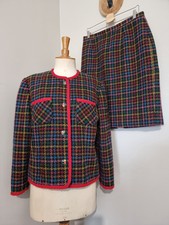 FRANÇOISE DE FRANCE : TAILLEUR VINTAGE TWEED MULTICOLORE BOUTONS BIJOUX VESTE 